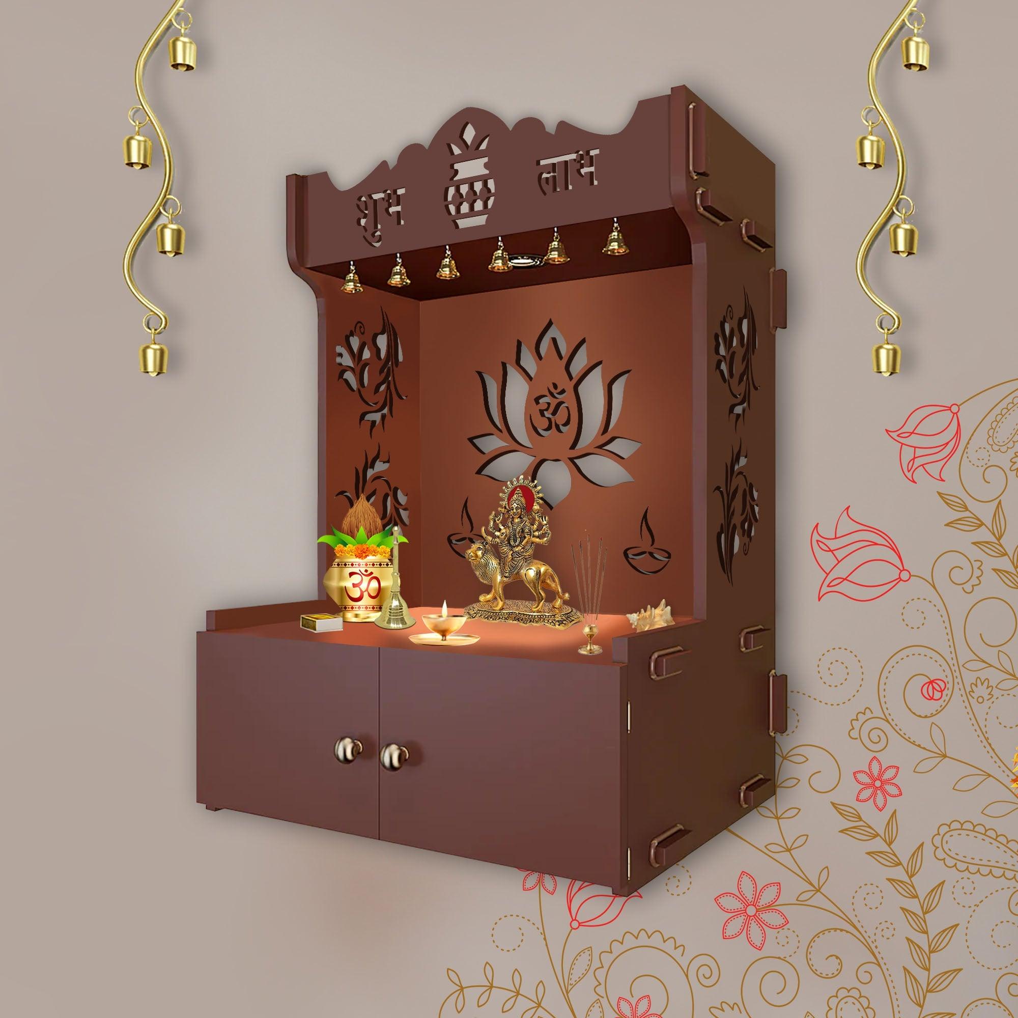 Beautiful Lotus Pattern Brown Wooden Wall Temple for Home With Inbuilt focus Lights & Spacious Shelf - Decor Mantra 