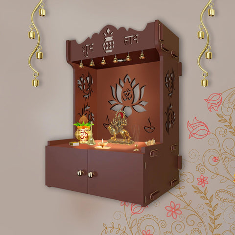 Beautiful Lotus Pattern Brown Wooden Wall Temple for Home With Inbuilt focus Lights & Spacious Shelf - Decor Mantra 