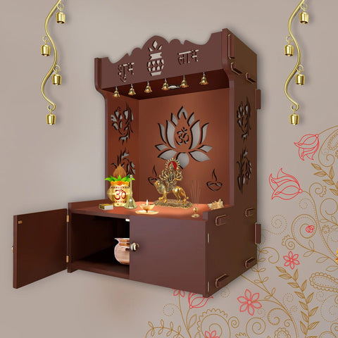 Beautiful Lotus Pattern Brown Wooden Wall Temple for Home With Inbuilt focus Lights & Spacious Shelf - Decor Mantra 