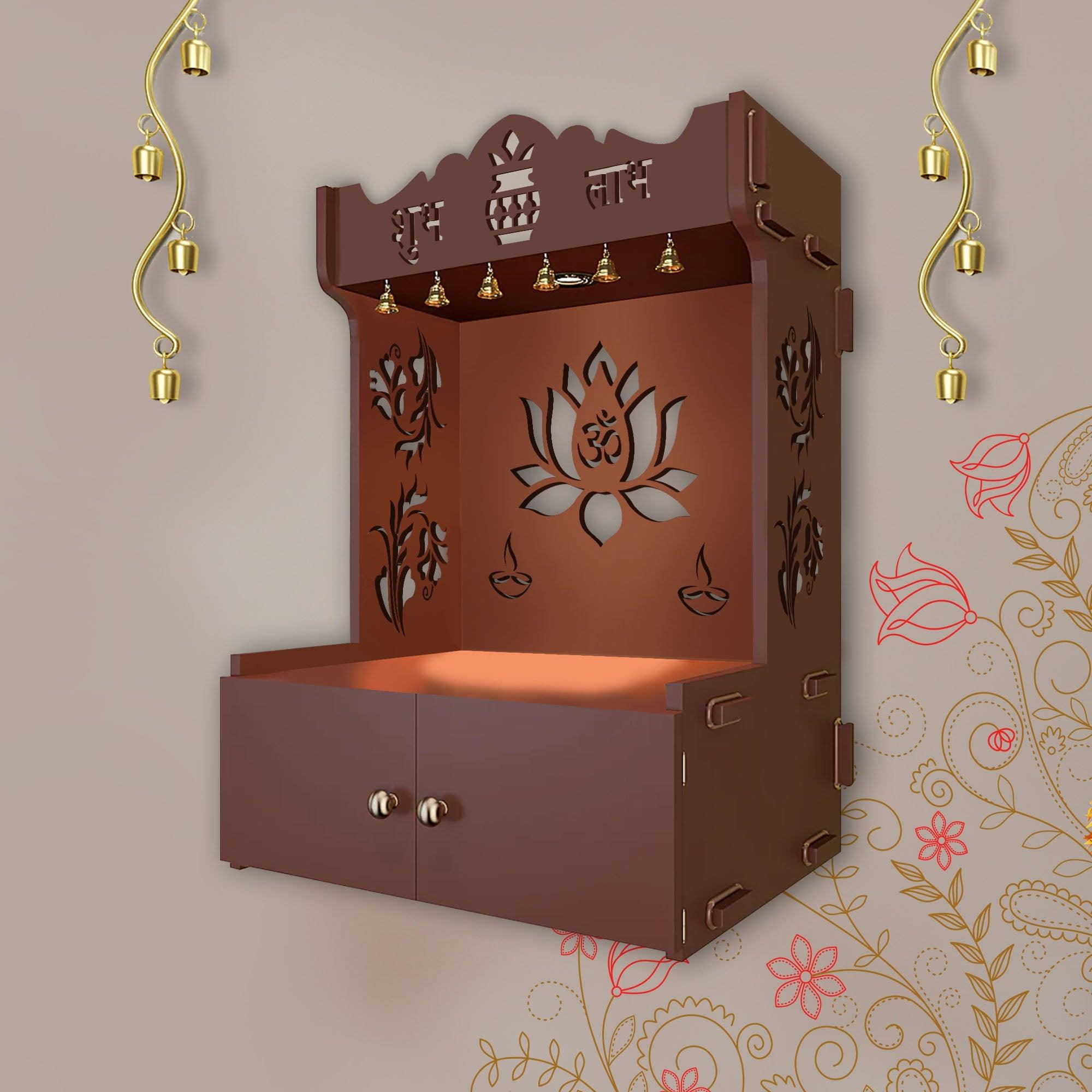Beautiful Lotus Pattern Brown Wooden Wall Temple for Home With Inbuilt focus Lights & Spacious Shelf - Decor Mantra 