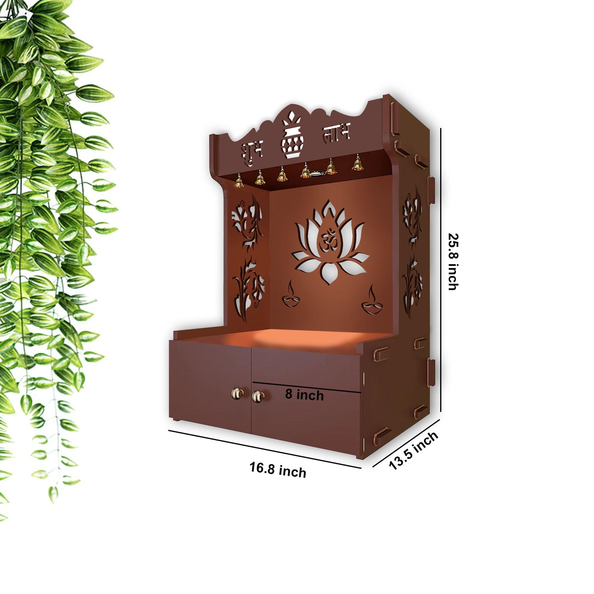 Beautiful Lotus Pattern Brown Wooden Wall Temple for Home With Inbuilt focus Lights & Spacious Shelf - Decor Mantra 