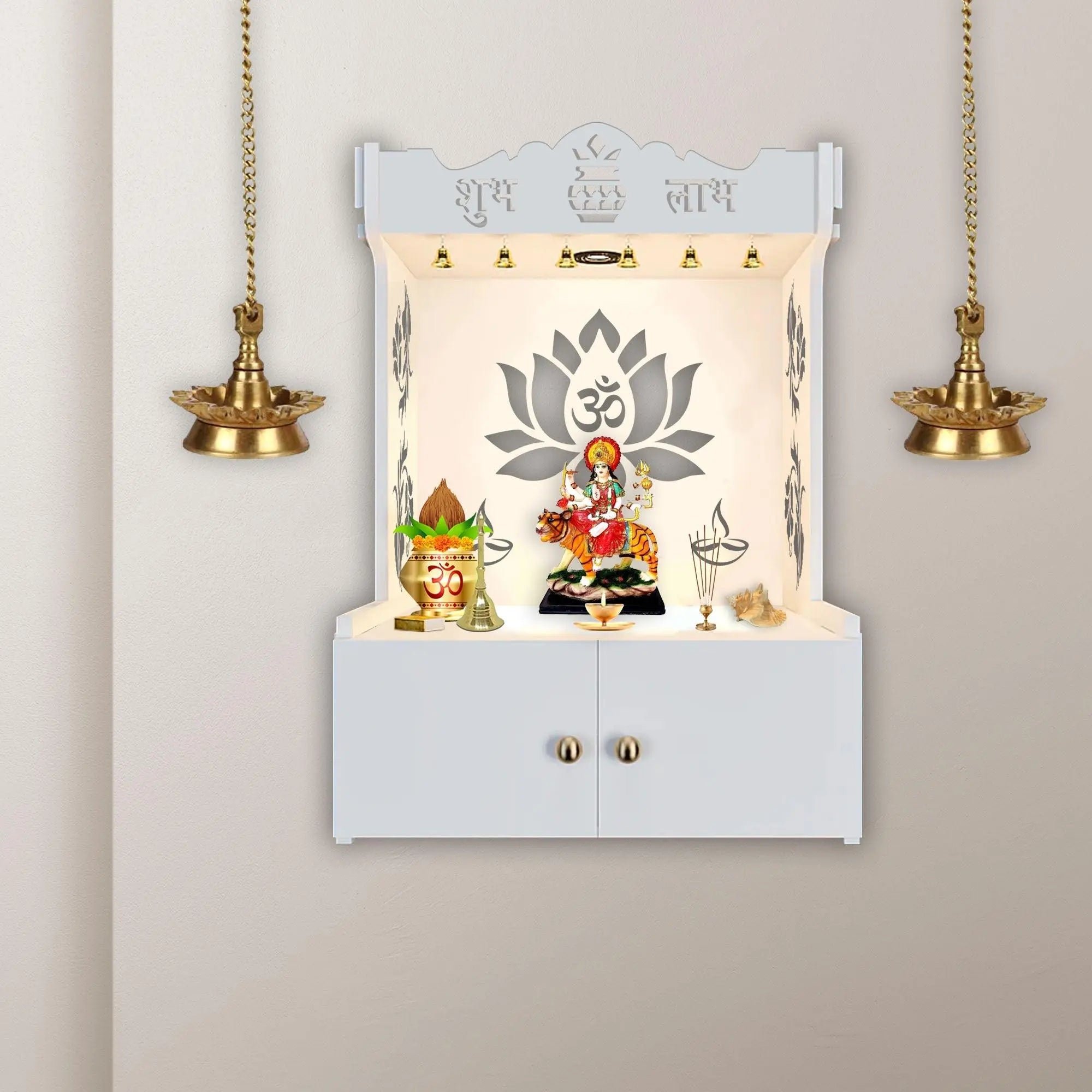 Beautiful Lotus Pattern White Wooden Wall Temple for Home With Inbuilt focus Lights & Spacious Shelf - Decor Mantra 