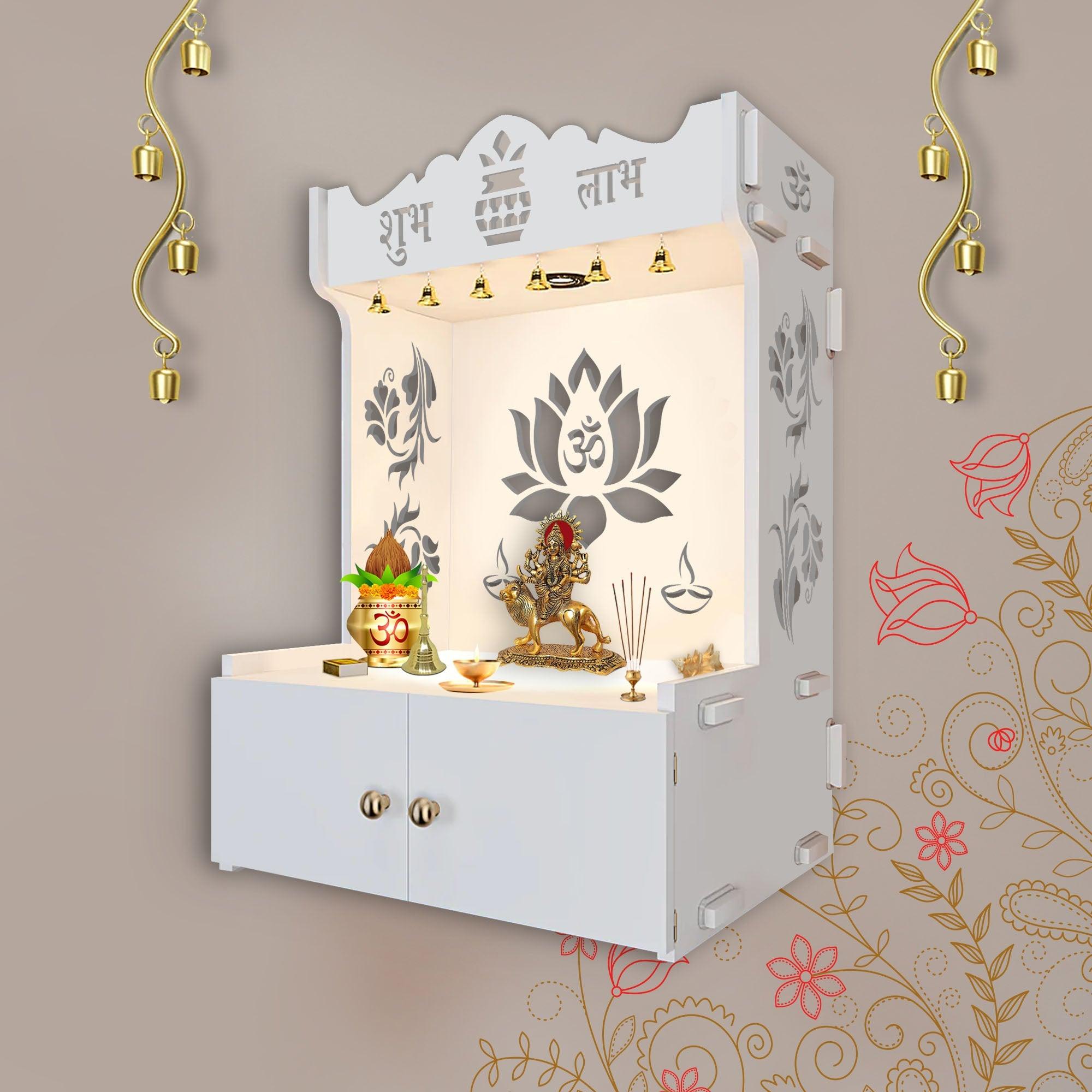 Beautiful Lotus Pattern White Wooden Wall Temple for Home With Inbuilt focus Lights & Spacious Shelf - Decor Mantra 