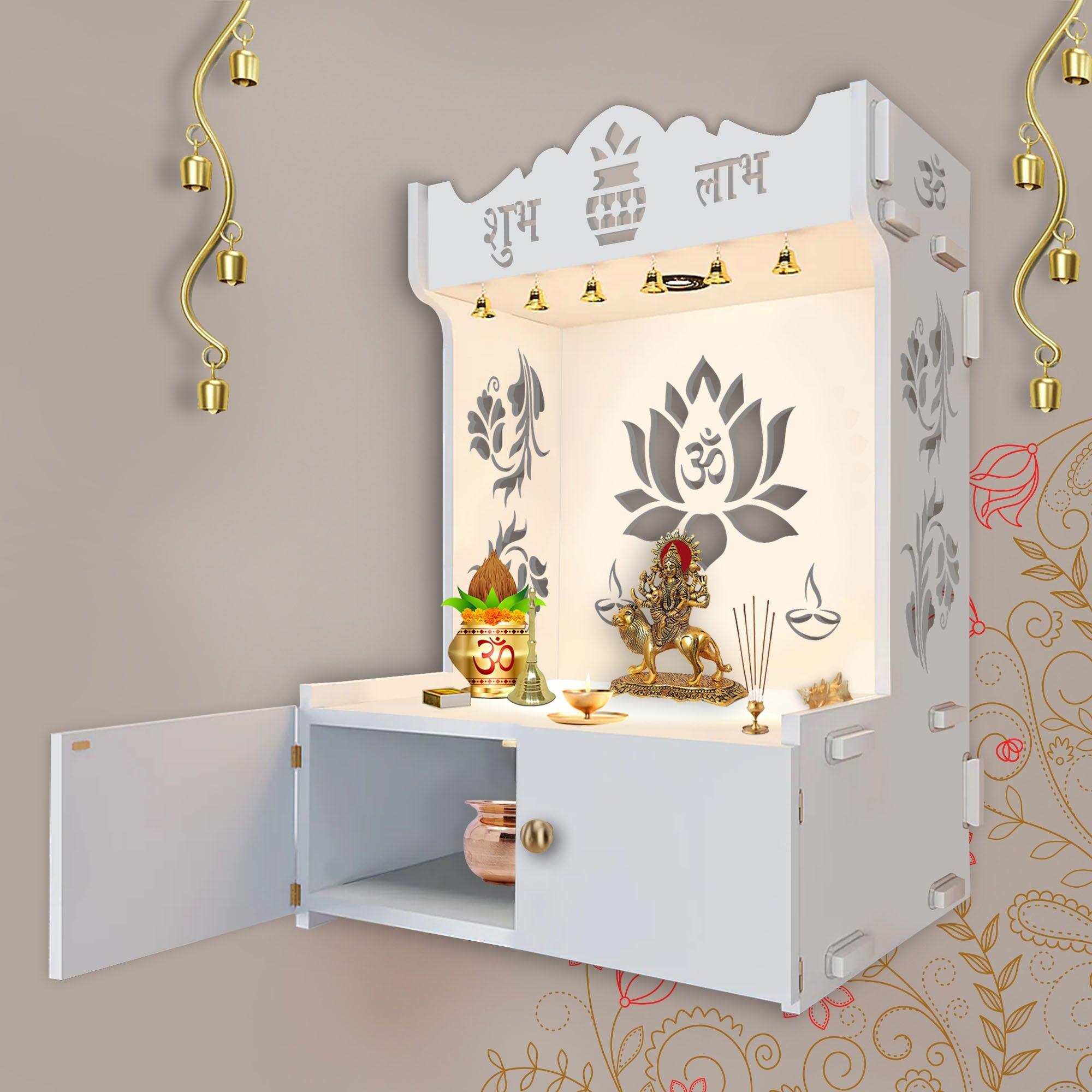 Beautiful Lotus Pattern White Wooden Wall Temple for Home With Inbuilt focus Lights & Spacious Shelf - Decor Mantra 