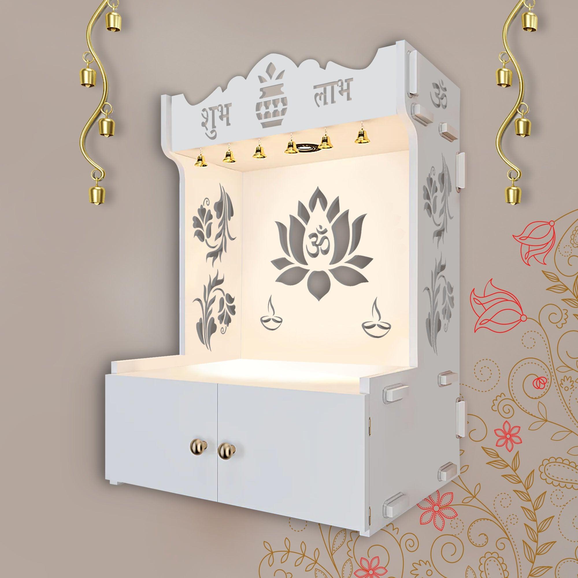 Beautiful Lotus Pattern White Wooden Wall Temple for Home With Inbuilt focus Lights & Spacious Shelf - Decor Mantra 