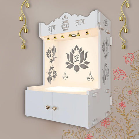 Beautiful Lotus Pattern White Wooden Wall Temple for Home With Inbuilt focus Lights & Spacious Shelf - Decor Mantra 