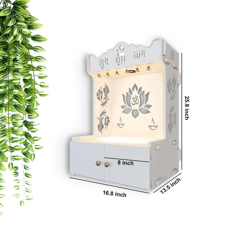 Beautiful Lotus Pattern White Wooden Wall Temple for Home With Inbuilt focus Lights & Spacious Shelf - Decor Mantra 
