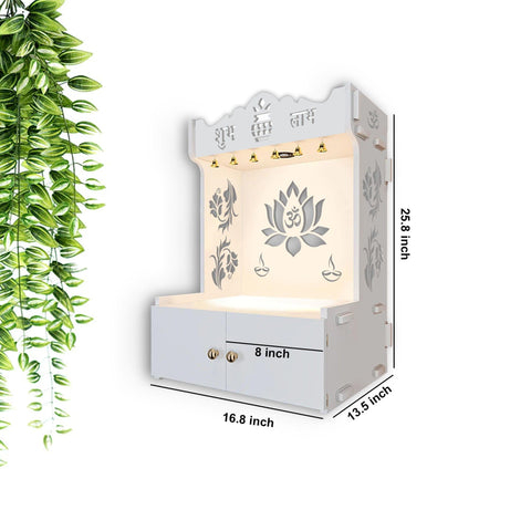 Beautiful Lotus Pattern White Wooden Wall Temple for Home With Inbuilt focus Lights & Spacious Shelf - Decor Mantra 