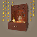 Designer Om Chakra Brown Wood Temple with Inbuilt Focus Light & Spacious Shelf - Decor Mantra 