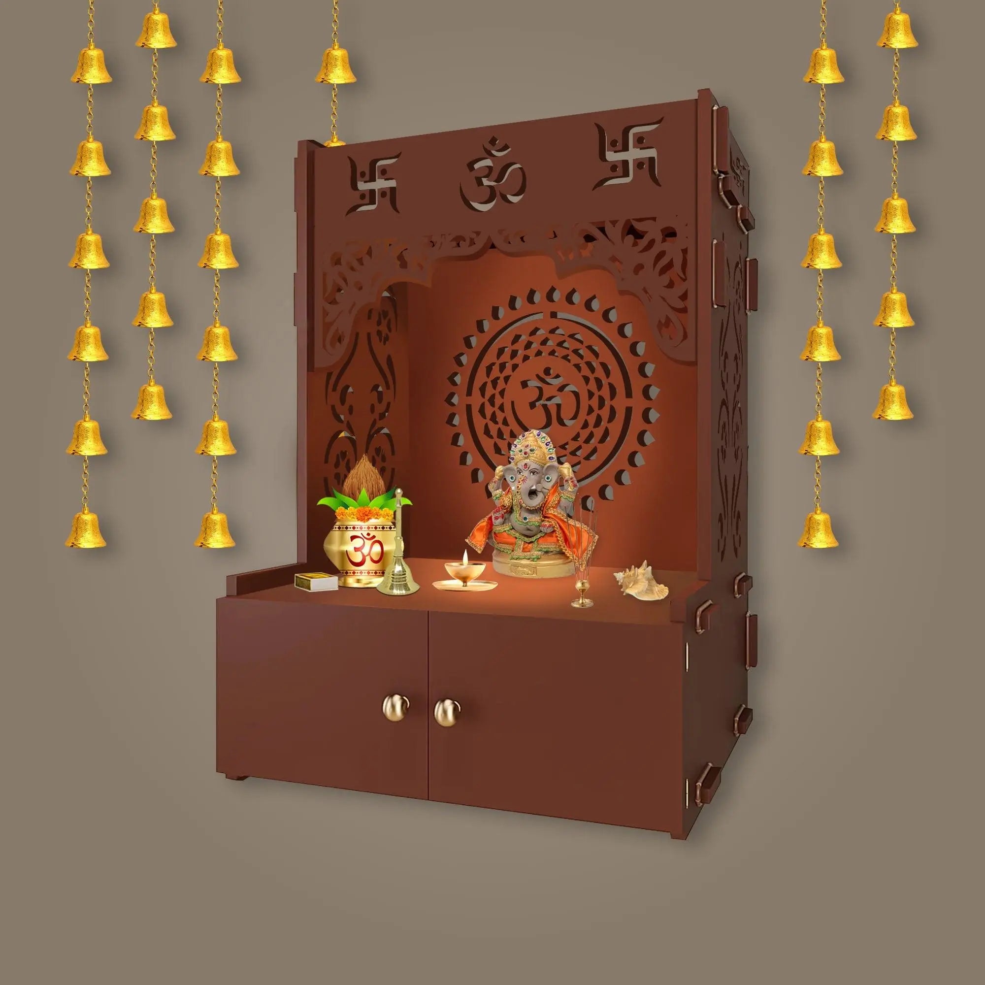 Designer Om Chakra Brown Wood Temple with Inbuilt Focus Light & Spacious Shelf - Decor Mantra 