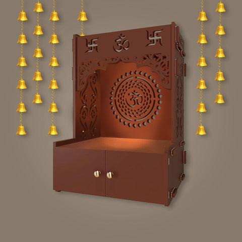 Designer Om Chakra Brown Wood Temple with Inbuilt Focus Light & Spacious Shelf - Decor Mantra 