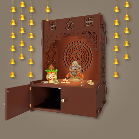 Designer Om Chakra Brown Wood Temple with Inbuilt Focus Light & Spacious Shelf - Decor Mantra 