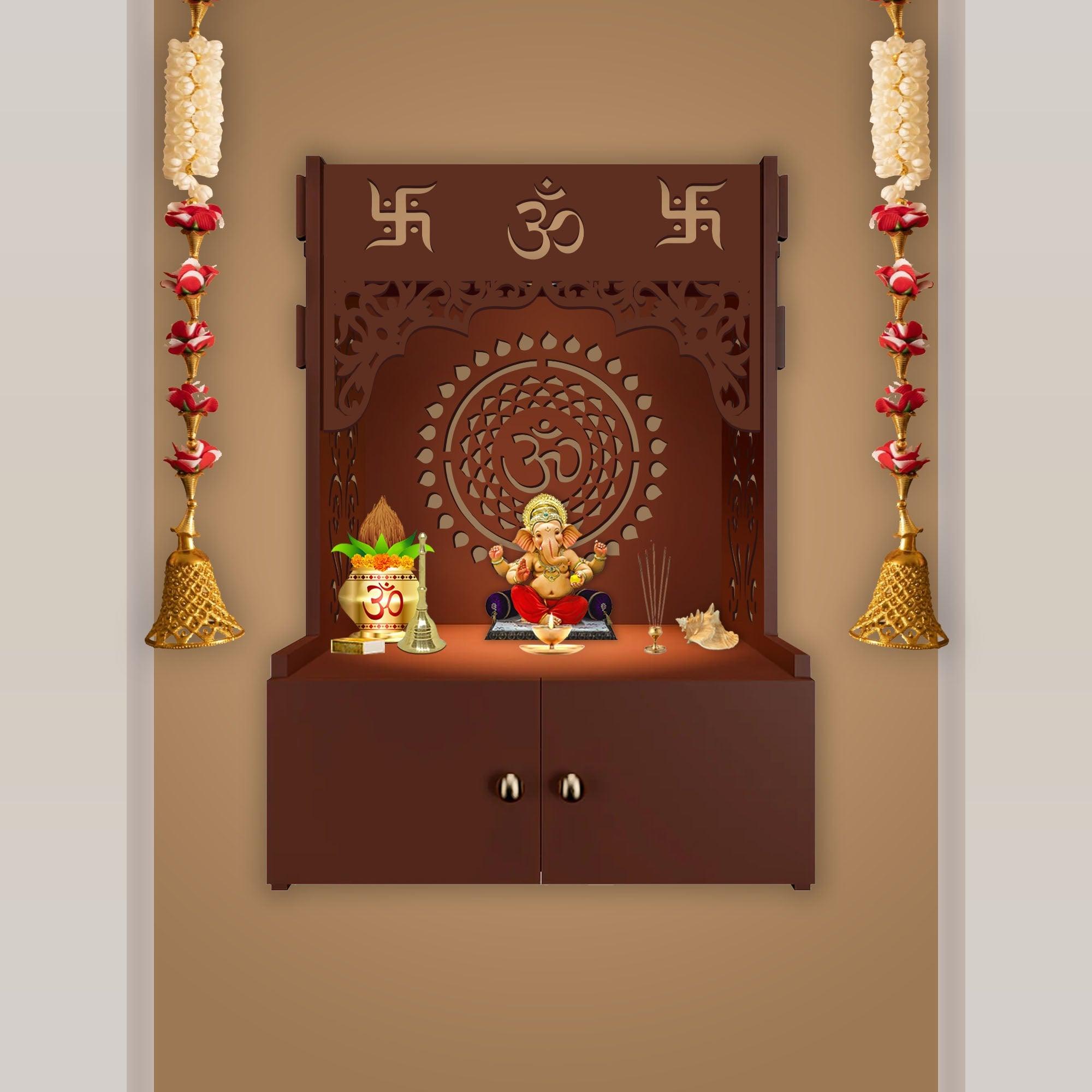 Designer Om Chakra Brown Wood Temple with Inbuilt Focus Light & Spacious Shelf - Decor Mantra 