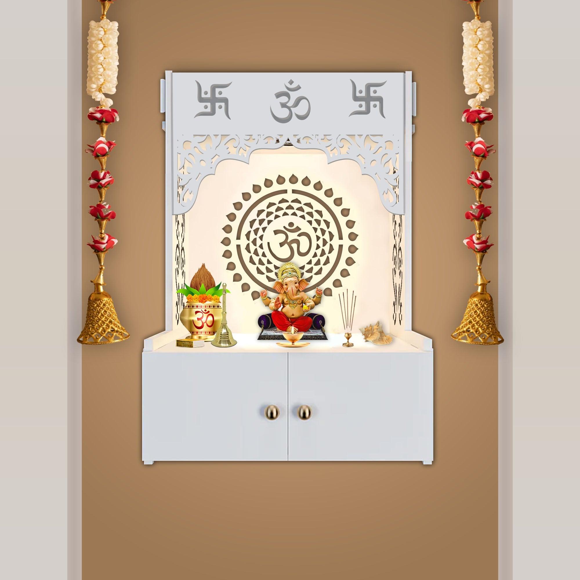 Designer Om Chakra White Wood Temple with Inbuilt Focus Light & Spacious Shelf - Decor Mantra 