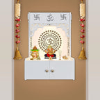 Designer Om Chakra White Wood Temple with Inbuilt Focus Light & Spacious Shelf - Decor Mantra 
