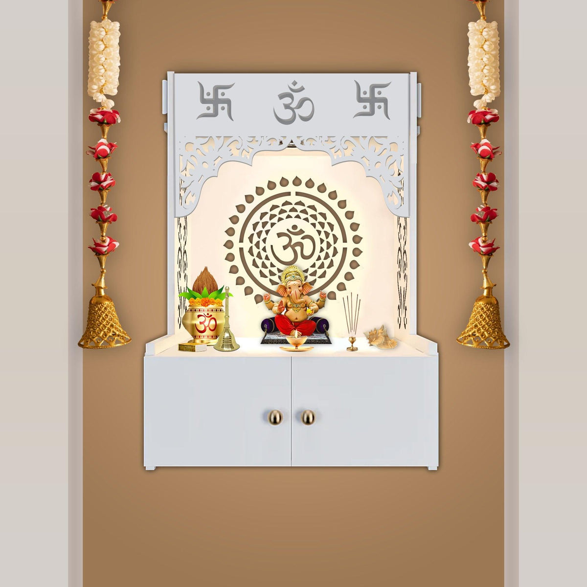 Designer Om Chakra White Wood Temple with Inbuilt Focus Light & Spacious Shelf - Decor Mantra 