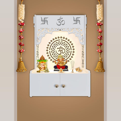Designer Om Chakra White Wood Temple with Inbuilt Focus Light & Spacious Shelf - Decor Mantra 