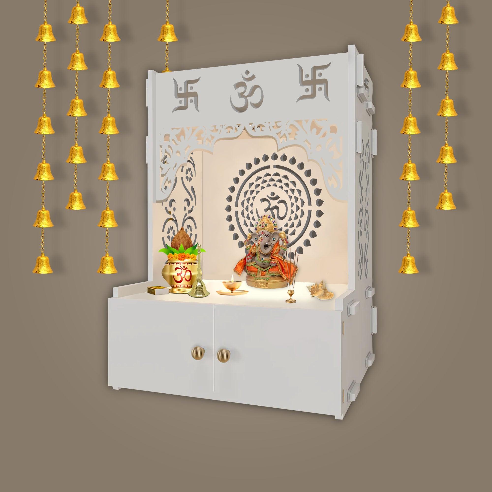 Designer Om Chakra White Wood Temple with Inbuilt Focus Light & Spacious Shelf - Decor Mantra 