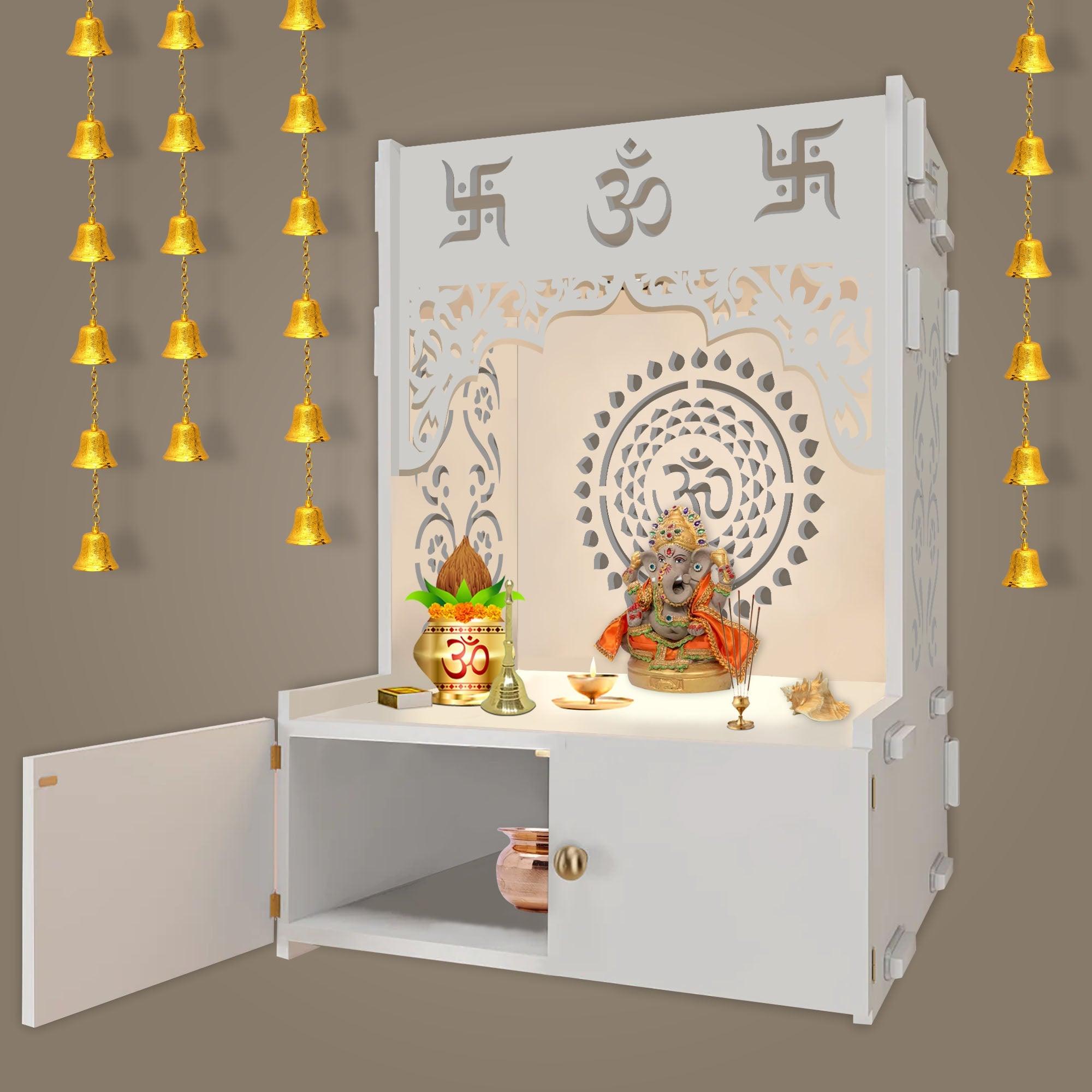 Designer Om Chakra White Wood Temple with Inbuilt Focus Light & Spacious Shelf - Decor Mantra 