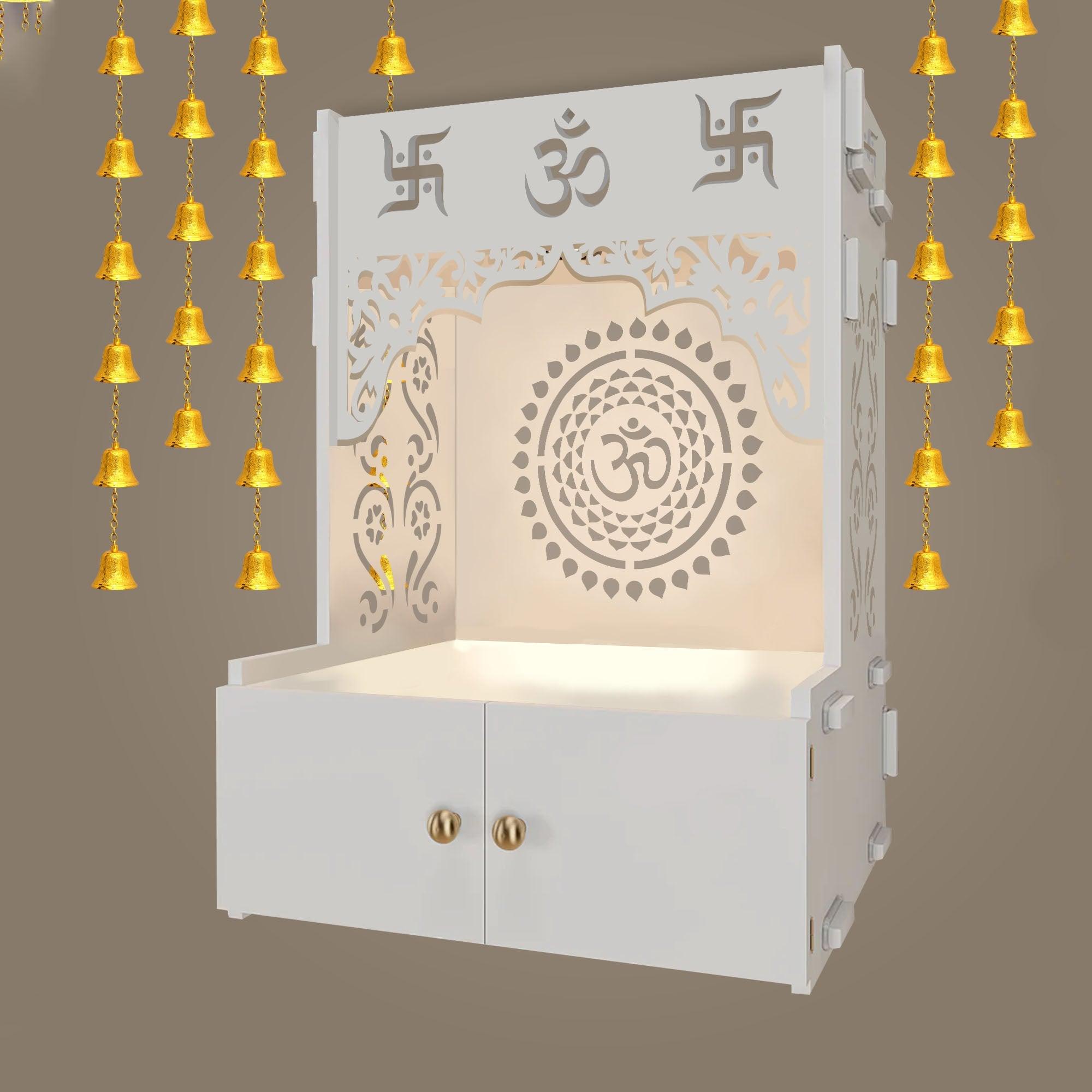 Designer Om Chakra White Wood Temple with Inbuilt Focus Light & Spacious Shelf - Decor Mantra 