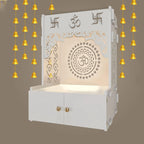 Designer Om Chakra White Wood Temple with Inbuilt Focus Light & Spacious Shelf - Decor Mantra 