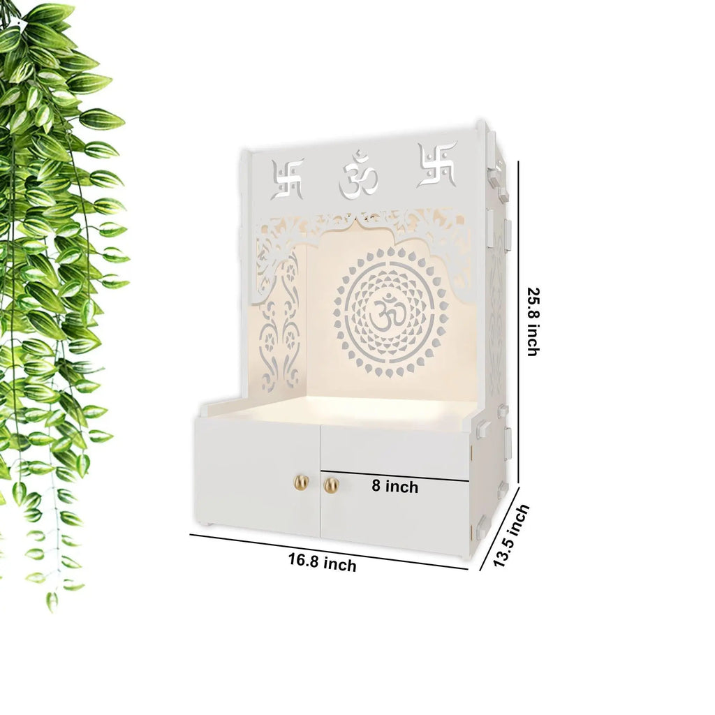 Designer Om Chakra White Wood Temple with Inbuilt Focus Light & Spacious Shelf - Decor Mantra 