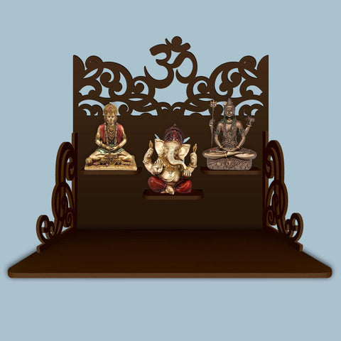 Hindu Holy Symbol of OM Design Art Wall Hanging Wooden Temple/ Pooja Mandir Design with Shelf, Brown Color - Decor Mantra 
