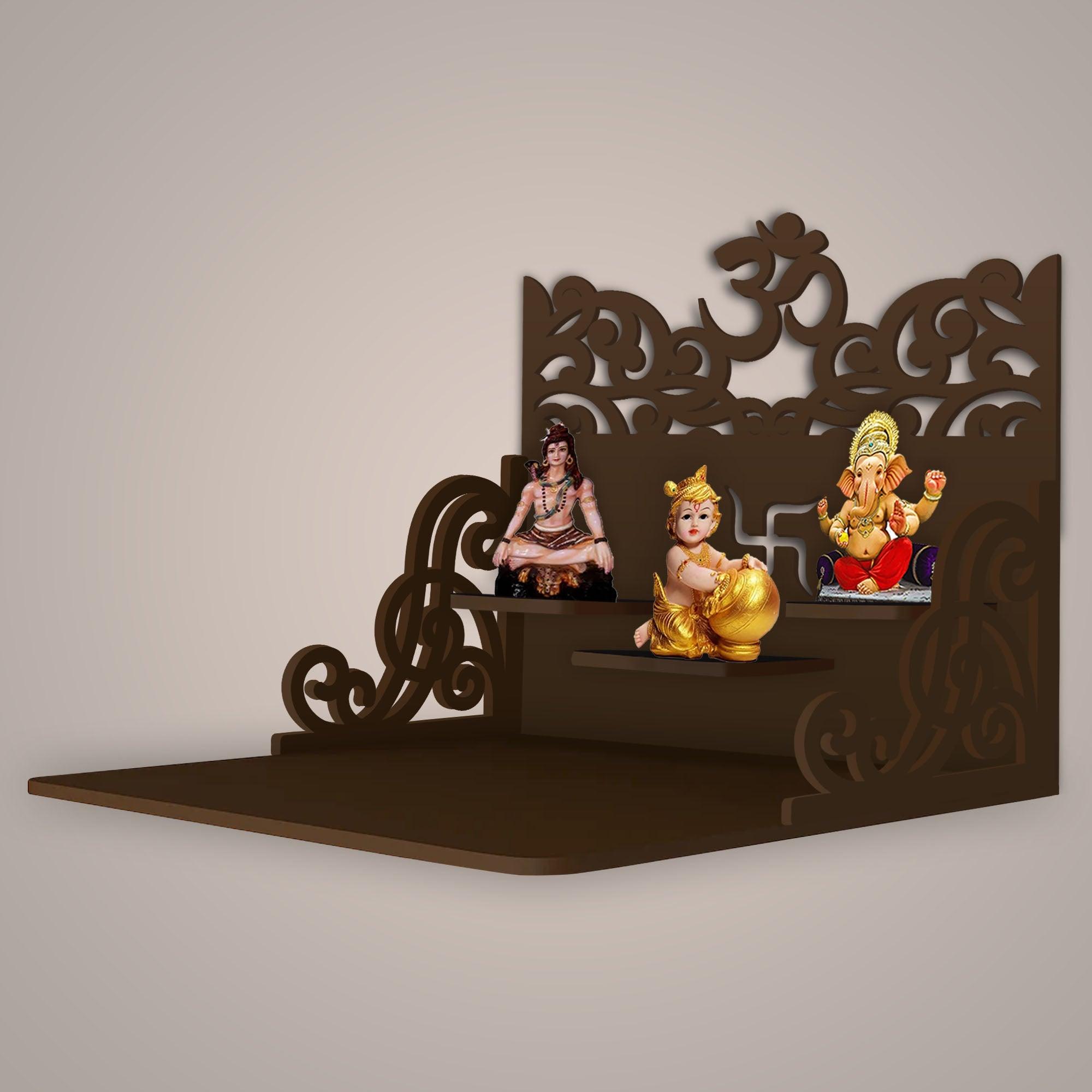Hindu Holy Symbol of OM Design Art Wall Hanging Wooden Temple/ Pooja Mandir Design with Shelf, Brown Color - Decor Mantra 