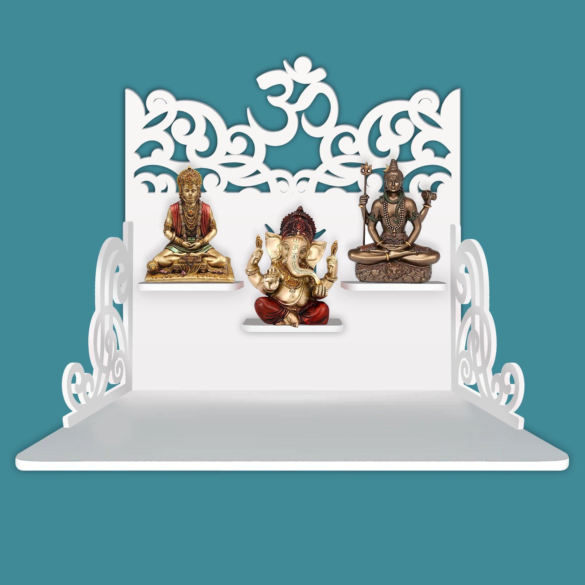 Hindu Holy Symbol of OM Design Art Wall Hanging Wooden Temple/ Pooja Mandir Design with Shelf, White Color - Decor Mantra 