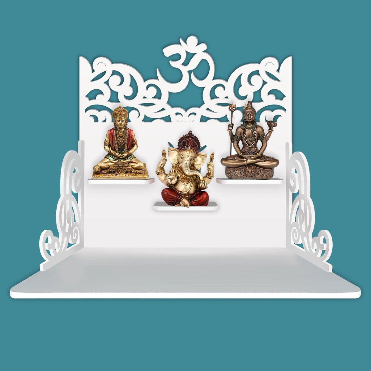 Hindu Holy Symbol of OM Design Art Wall Hanging Wooden Temple/ Pooja Mandir Design with Shelf, White Color - Decor Mantra 