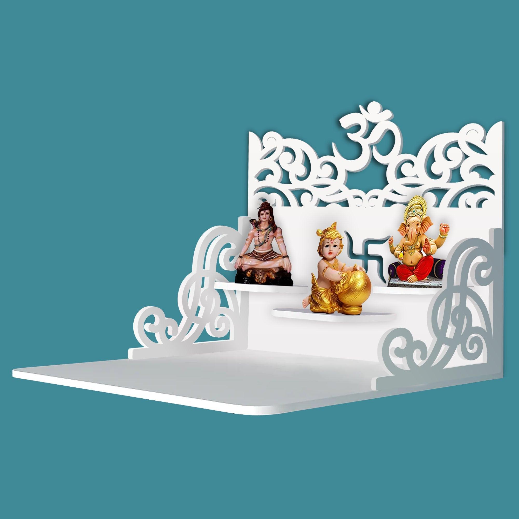 Hindu Holy Symbol of OM Design Art Wall Hanging Wooden Temple/ Pooja Mandir Design with Shelf, White Color - Decor Mantra 