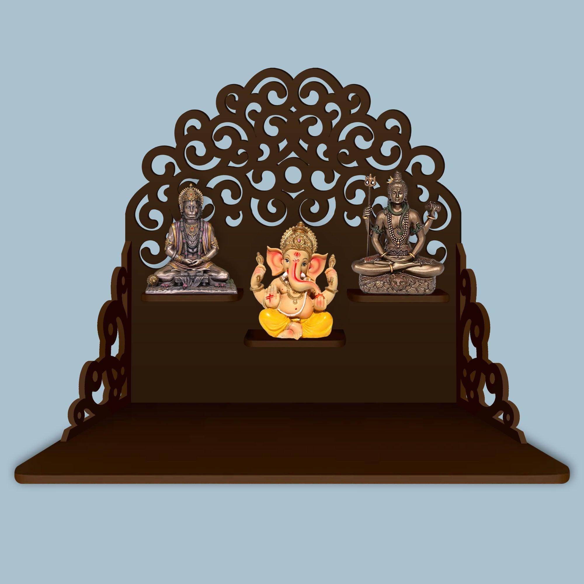 Classic Pattern Designer Wall Hanging Wooden Temple/ Pooja Mandir Design with Shelf, Brown Color - Decor Mantra 