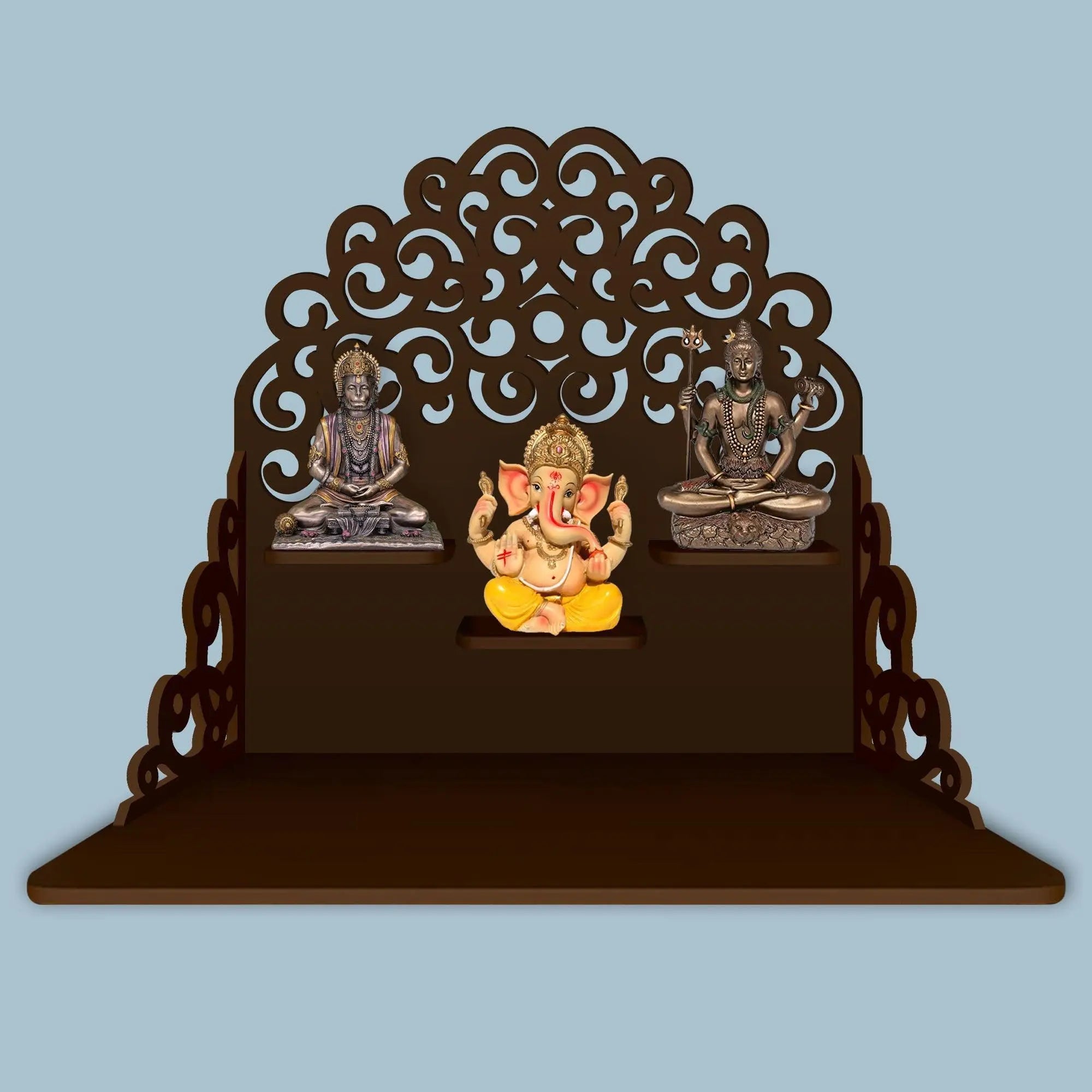 Classic Pattern Designer Wall Hanging Wooden Temple/ Pooja Mandir Design with Shelf, Brown Color - Decor Mantra 