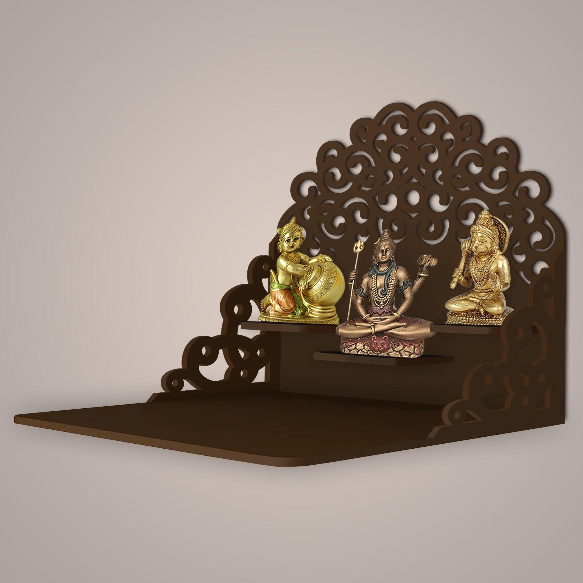Classic Pattern Designer Wall Hanging Wooden Temple/ Pooja Mandir Design with Shelf, Brown Color - Decor Mantra 