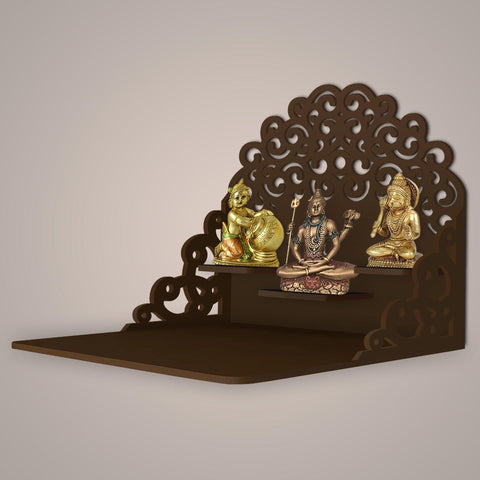 Classic Pattern Designer Wall Hanging Wooden Temple/ Pooja Mandir Design with Shelf, Brown Color - Decor Mantra 