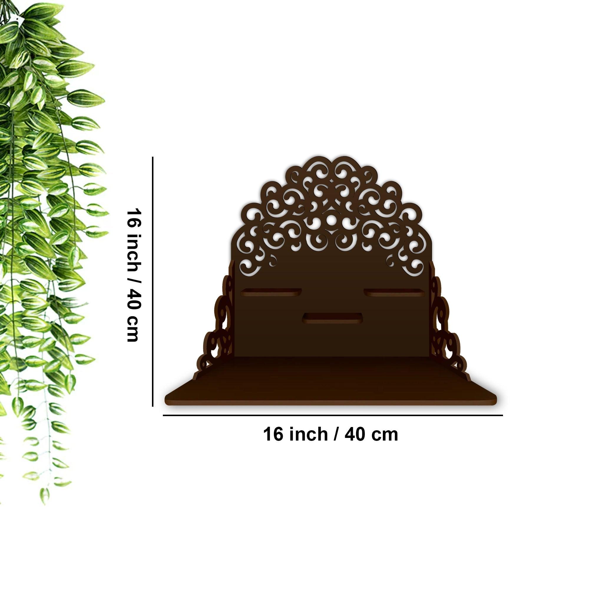 Classic Pattern Designer Wall Hanging Wooden Temple/ Pooja Mandir Design with Shelf, Brown Color - Decor Mantra 