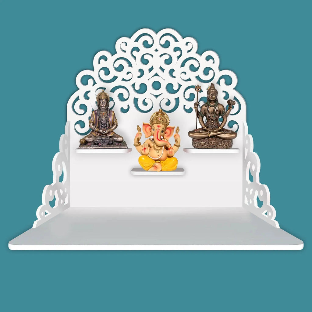 Classic Pattern Designer Wall Hanging Wooden Temple/ Pooja Mandir Design with Shelf, White Color - Decor Mantra 