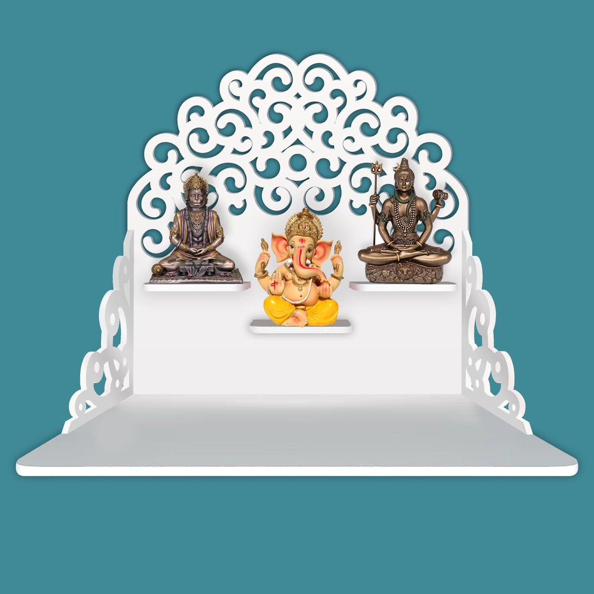 Classic Pattern Designer Wall Hanging Wooden Temple/ Pooja Mandir Design with Shelf, White Color - Decor Mantra 