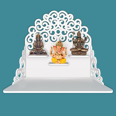 Classic Pattern Designer Wall Hanging Wooden Temple/ Pooja Mandir Design with Shelf, White Color - Decor Mantra 