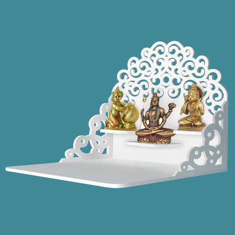 Classic Pattern Designer Wall Hanging Wooden Temple/ Pooja Mandir Design with Shelf, White Color - Decor Mantra 