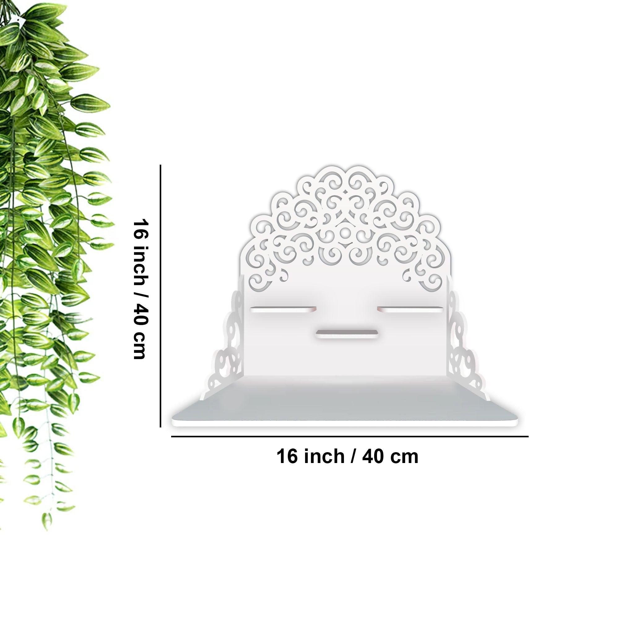 Classic Pattern Designer Wall Hanging Wooden Temple/ Pooja Mandir Design with Shelf, White Color - Decor Mantra 