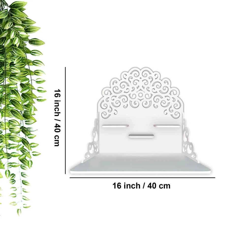 Classic Pattern Designer Wall Hanging Wooden Temple/ Pooja Mandir Design with Shelf, White Color - Decor Mantra 