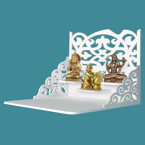 Modern Divine Beautiful Wall Hanging Wooden Temple/ Pooja Mandir Design with Shelf, White Color - Decor Mantra 