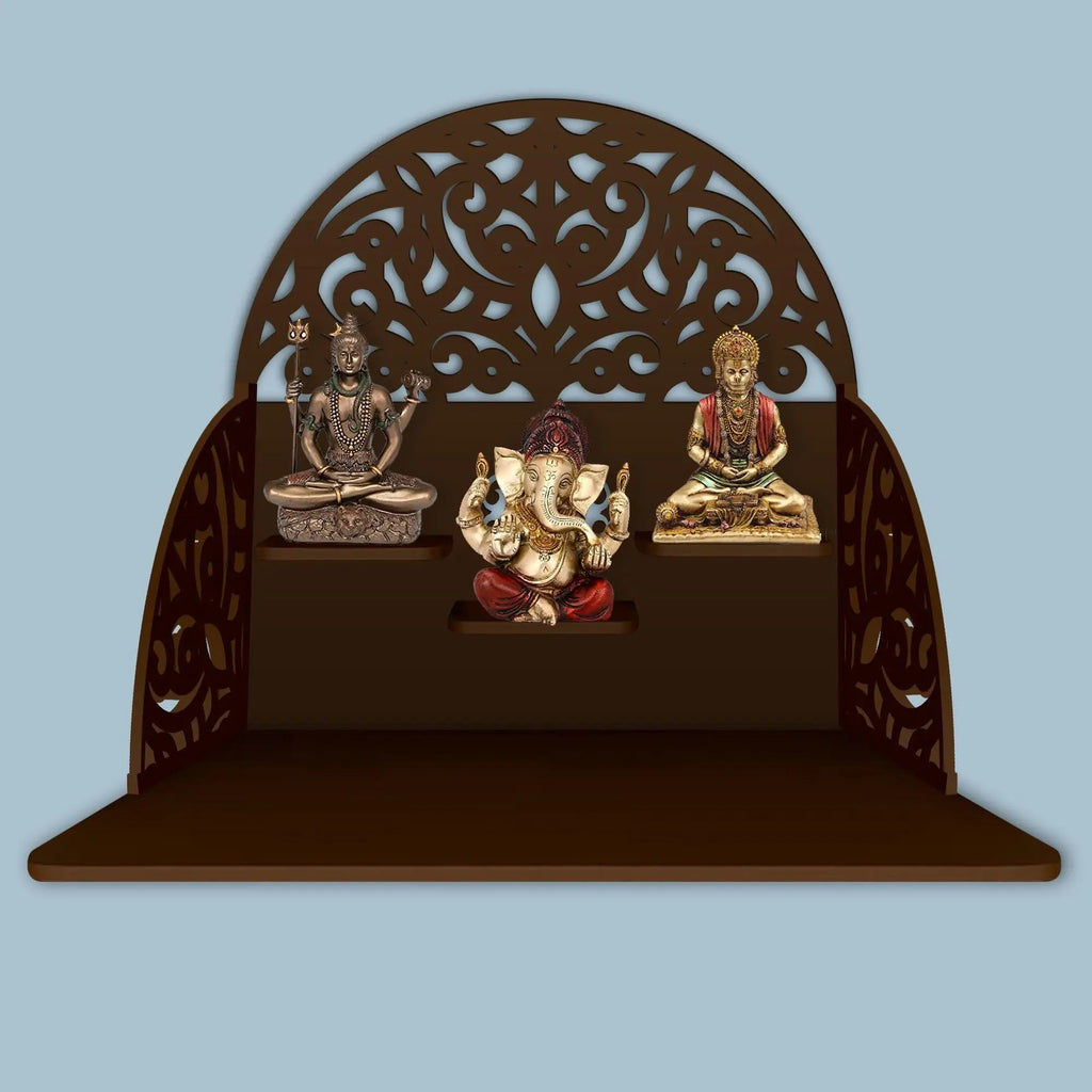 Designer Semi Circle Shaped Wall Hanging Wooden Temple/ Pooja Mandir Design with Shelf, Brown Color - Decor Mantra 