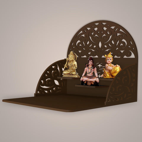 Designer Semi Circle Shaped Wall Hanging Wooden Temple/ Pooja Mandir Design with Shelf, Brown Color - Decor Mantra 