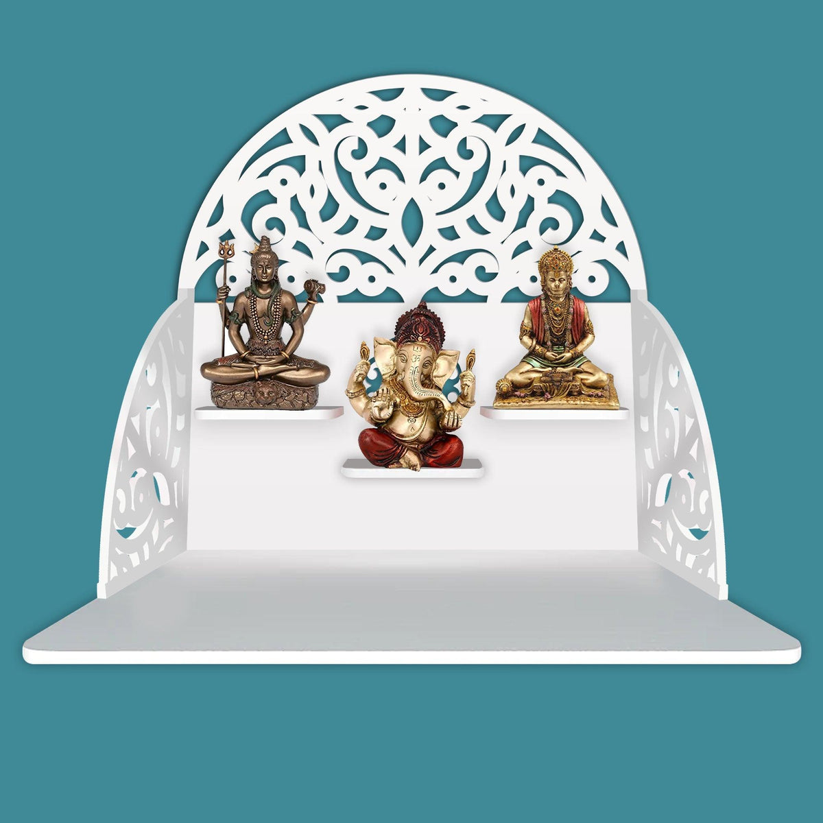 Designer Semi Circle Shaped Wall Hanging Wooden Temple/ Pooja Mandir Design with Shelf, White Color - Decor Mantra 