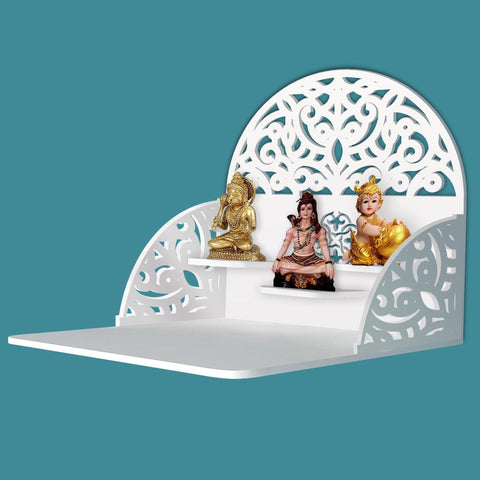 Designer Semi Circle Shaped Wall Hanging Wooden Temple/ Pooja Mandir Design with Shelf, White Color - Decor Mantra 
