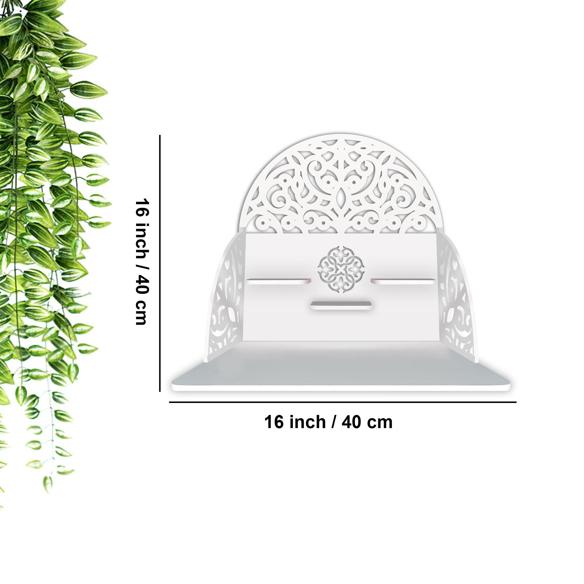 Designer Semi Circle Shaped Wall Hanging Wooden Temple/ Pooja Mandir Design with Shelf, White Color - Decor Mantra 
