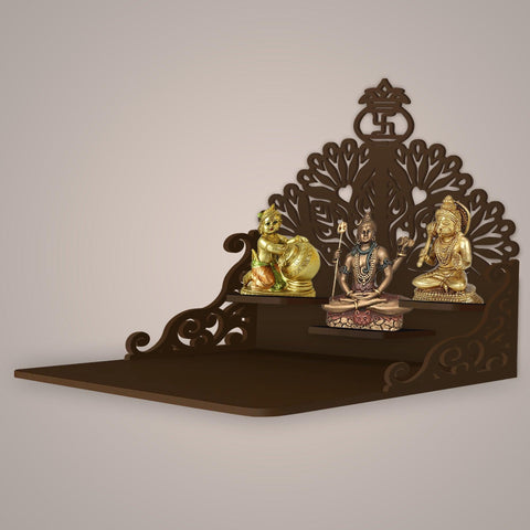 Swastika Kalash Symbol of Hindu Religious Wall Hanging Wooden Temple/ Pooja Mandir Design with Shelf, Brown Color - Decor Mantra 