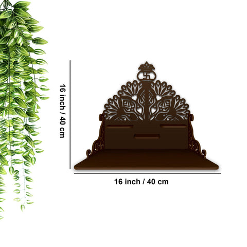 Swastika Kalash Symbol of Hindu Religious Wall Hanging Wooden Temple/ Pooja Mandir Design with Shelf, Brown Color - Decor Mantra 
